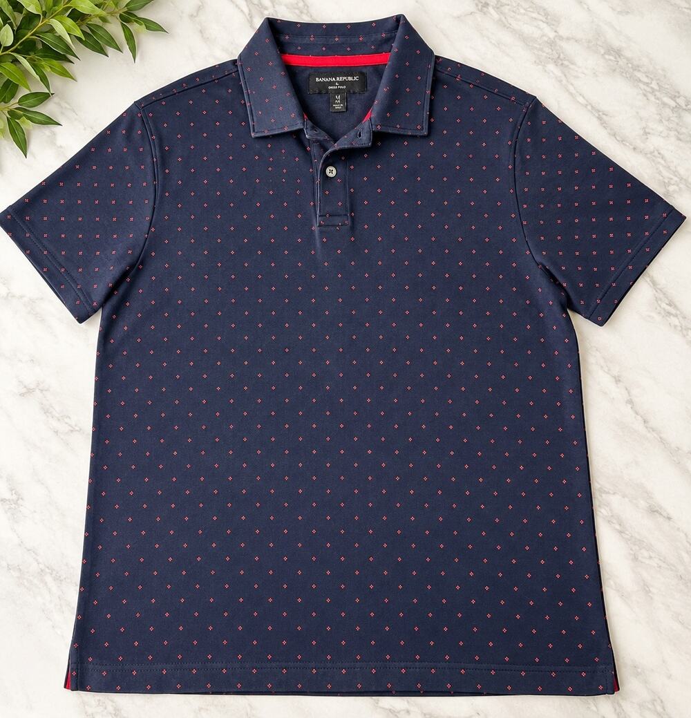 Banana Republic Dress Polo Men’s M Navy Red Diamond Print 100% Cotton